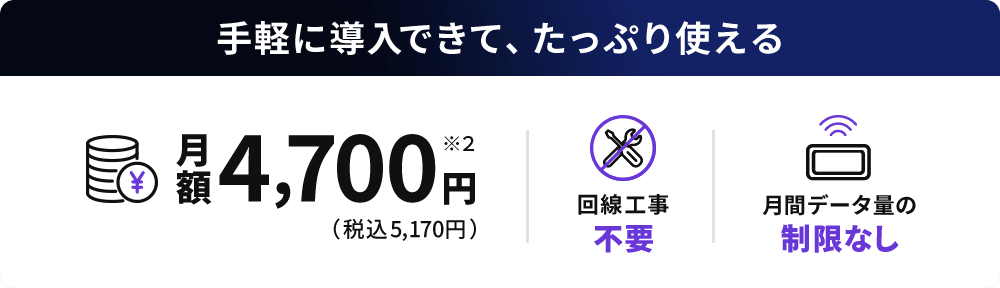 手軽に導入 5,170円/月～ 回線工事不要 月額データ量の制限なし