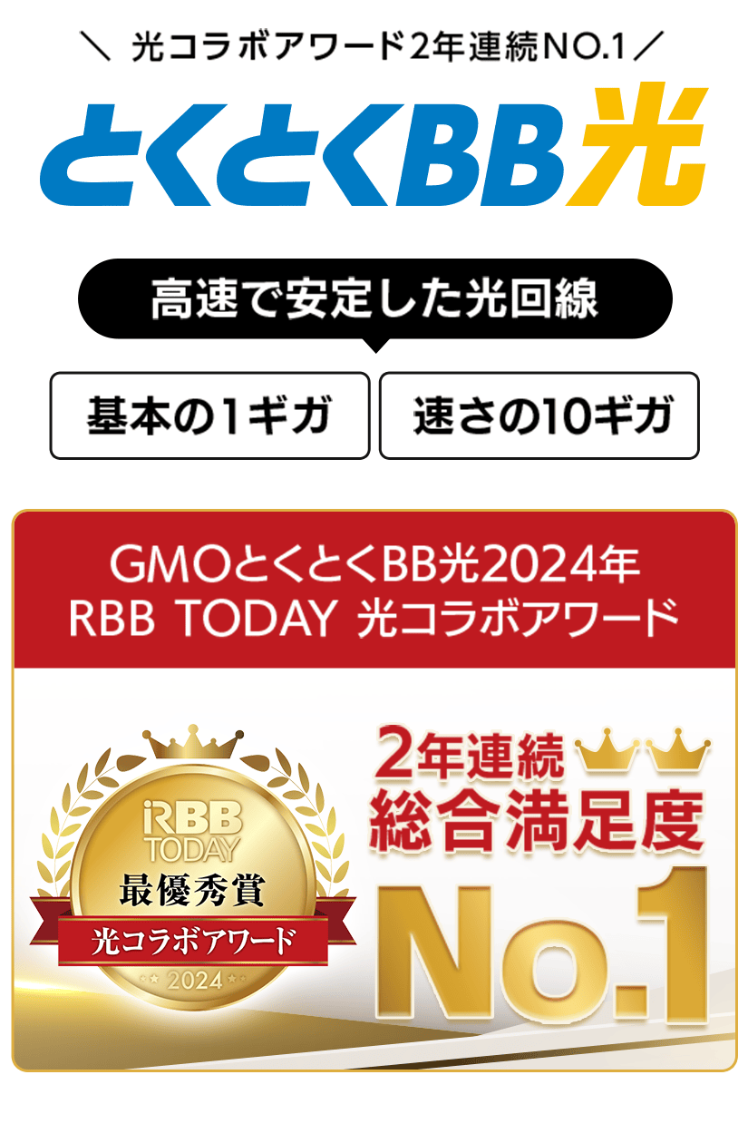 光コラボアワード2年連続No.1 とくとくBB光