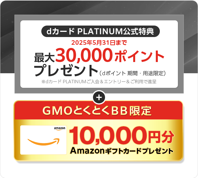 dカード PLATINUM公式特典　最大33,000ポイントプレゼント（dポイント期間・用途限定）※dカード PLATINUMご入会＆エントリー＆ご利用で進呈　＋GMOとくとくBB限定Amazonギフトカードプレゼント