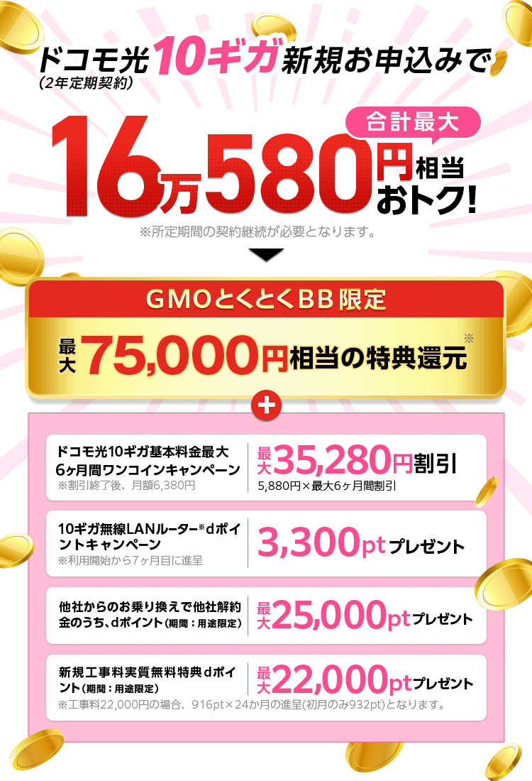 ドコモ光10ギガ新規お申込みでおトク！（2年定期契約）※所定期間の契約継続が必要となります。GMOとくとくBB限定特典還元※＋ドコモ光10ギガ基本料金最大6ヶ月間ワンコインキャンペーン　他社からのお乗り換えで他社 解約 金のうち、dポイント（期間：用途限定）プレゼント　10ギガ無線LANルーター※dポイントプレゼントキャンペーン※利用開始から7ヶ月目に進呈　新規工事料実質無料特典dポイント（期間：用途限定）プレゼント