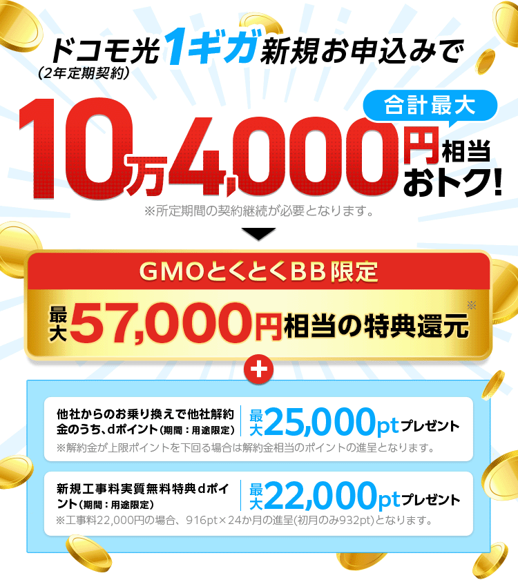 ドコモ光1ギガ新規お申込みでおトク！（2年定期契約）※所定期間の契約継続が必要となります。GMOとくとくBB限定特典還元※＋他社からのお乗り換えで他社 解約金のうち、dポイント（期間：用途限定）※解約金が上限ポイントを下回る場合は解約金相当のポイントの進呈となります。新規工事料実質無料特典 dポイント（期間：用途限定）プレゼント
