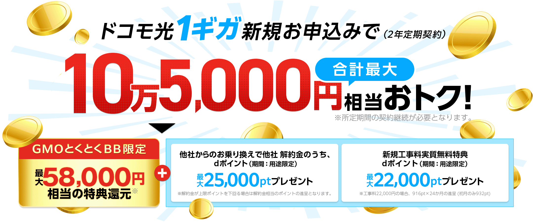 ドコモ光1ギガ新規お申込みでおトク!(2年定期契約)※所定期間の契約継続が必要となります。GMOとくとくBB限定特典還元※+他社からのお乗り換えで他社 解約金のうち、dポイント(期間:用途限定)※解約金が上限ポイントを下回る場合は解約金相当のポイントの進呈となります。新規工事料実質無料特典 dポイント(期間:用途限定)プレゼント