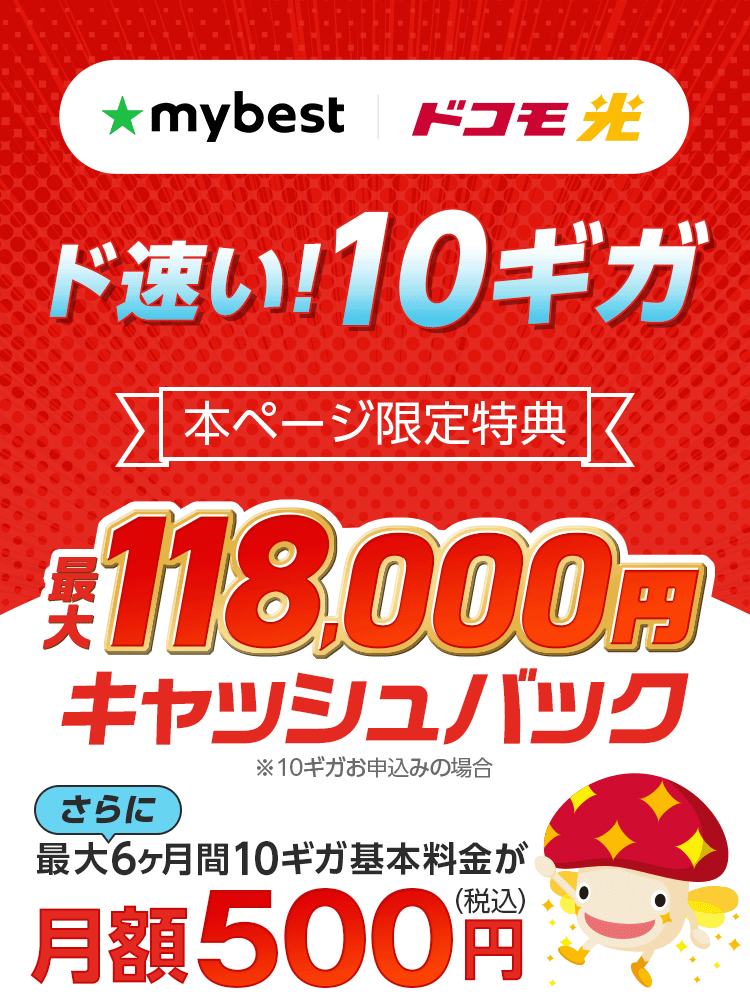 ドコモ光　ド速い！10ギガ　本ページ限定特典　キャッシュバック※10ギガお申込みの場合　さらに最大6ヶ月間10ギガ基本料金が月額500円（税込）
