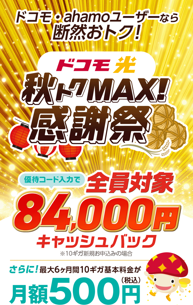 ドコモ・ahamoユーザーなら断然おトク!10ギガ回線最大6ヶ月月額500円　さらに限定優待コード入力でキャッシュバック