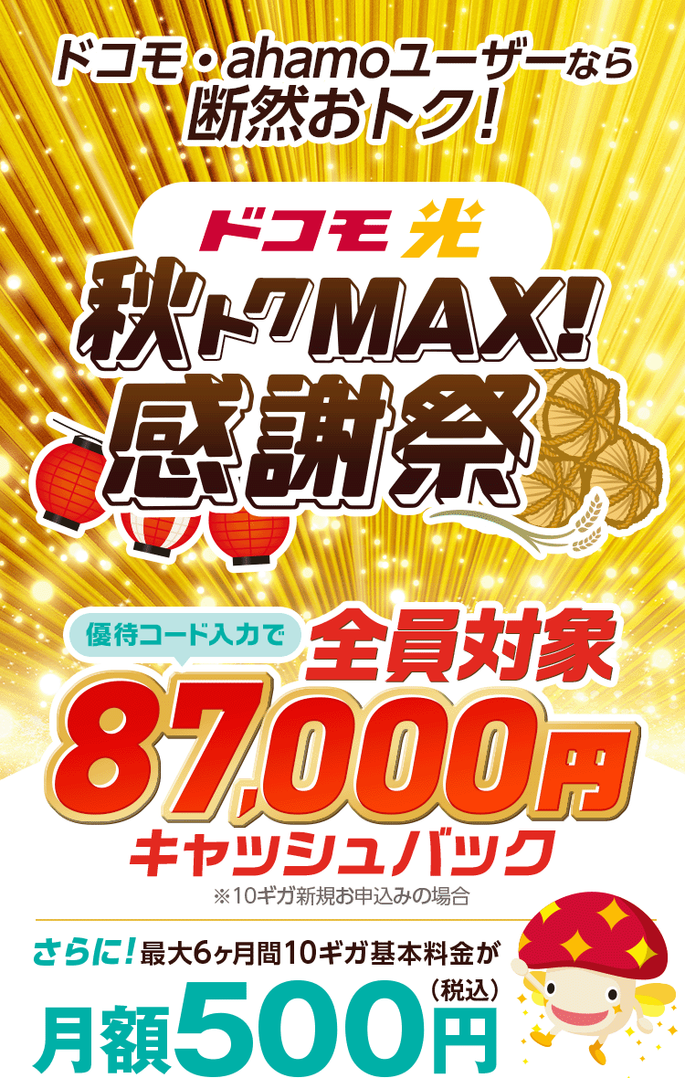 ドコモ・ahamoユーザーなら断然おトク!10ギガ回線最大6ヶ月月額500円　さらに限定優待コード入力でキャッシュバック