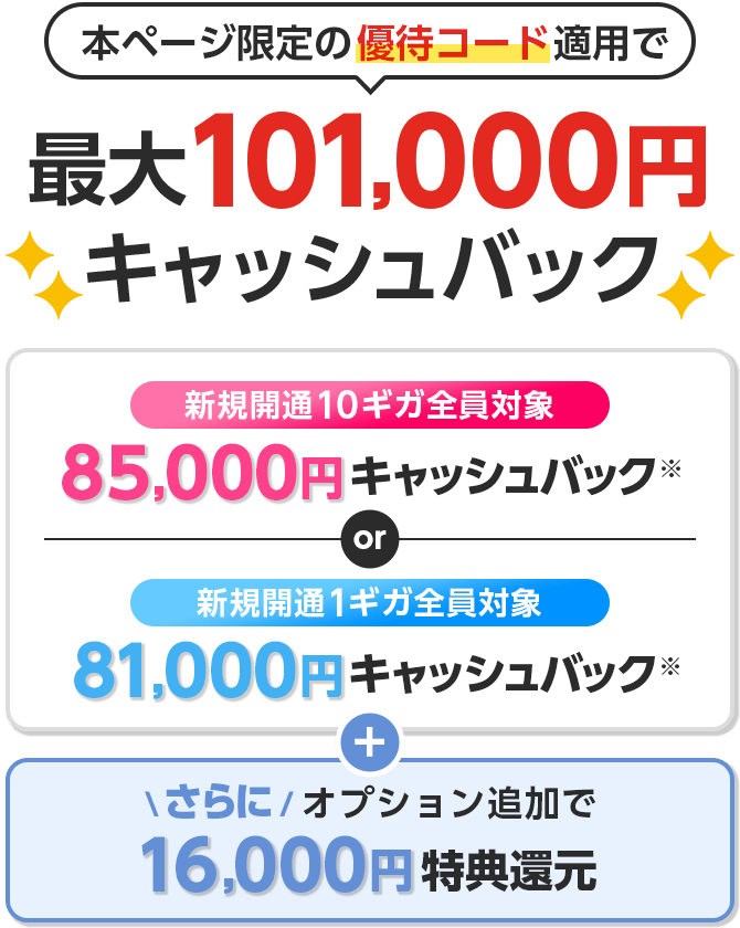本ページ限定の優待コード適用でキャッシュバック　新規開通10ギガ全員対象　新規開通1ギガ全員対象　さらにオプション追加で特典還元