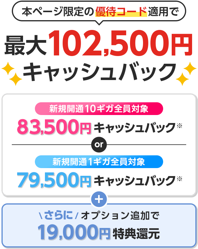 本ページ限定の優待コード適用でキャッシュバック　新規開通10ギガ全員対象　新規開通1ギガ全員対象　さらにオプション追加で特典還元