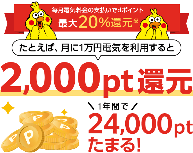 毎月電気料金の支払いでdポイント最大20%還元※　たとえば、月に1万円電気を利用すると2,000pt還元　1年間で24,000ptたまる！