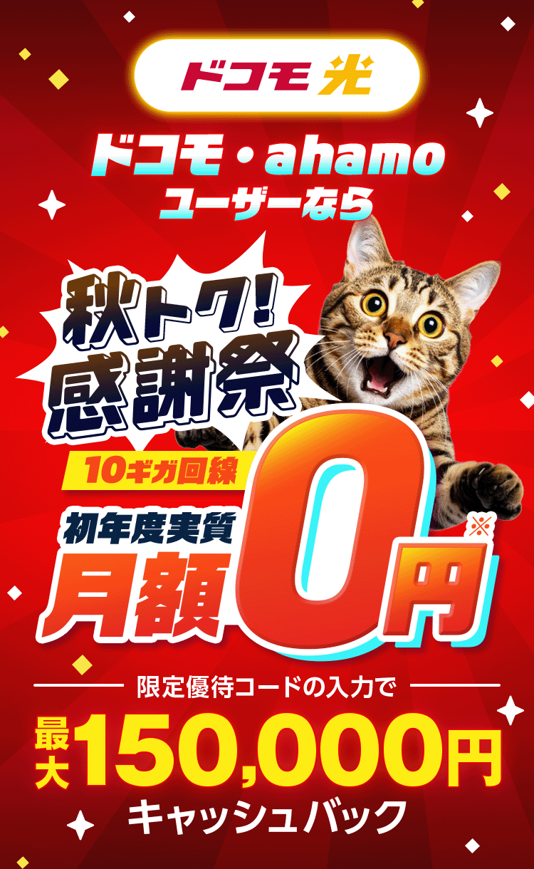 ドコモ光　本サイト限定　GMOとくとくBBなら特典還元！※10ギガお申込みの場合　さらに最大6ヶ月間10ギガ基本料金が月額500円（税込）