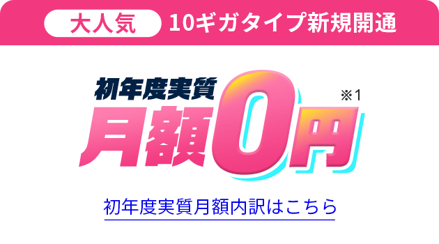 大人気　10ギガタイプ新規開通　初年度実質月額0円※1　初年度実質月額内訳はこちら