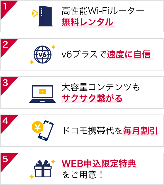 １：高性能Wi-Fiルーター無料レンタル　２：v6プラスで速度に自信　３：大容量コンテンツもサクサク繋がる　４：ドコモ携帯代を毎月割引　５：WEB申込限定特典をご用意！