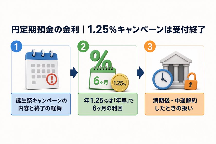 3〜4段階のステップ図：円定期預金の金利｜1.25％キャンペーンは受付終了
