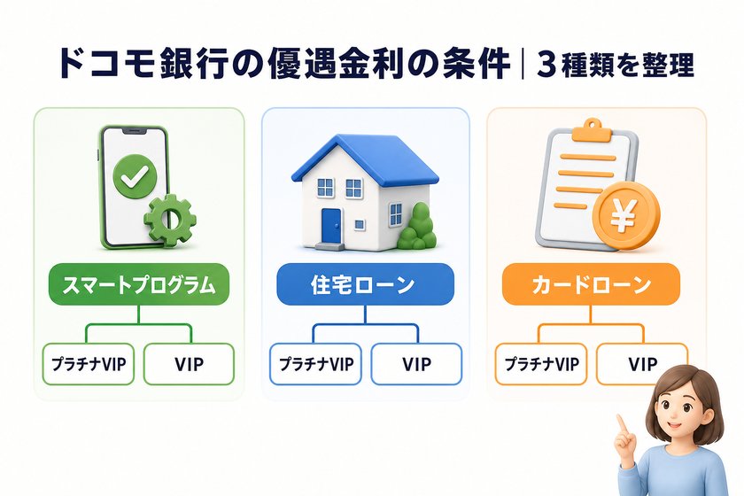 構成図：ドコモ銀行の優遇金利の条件｜3種類を整理