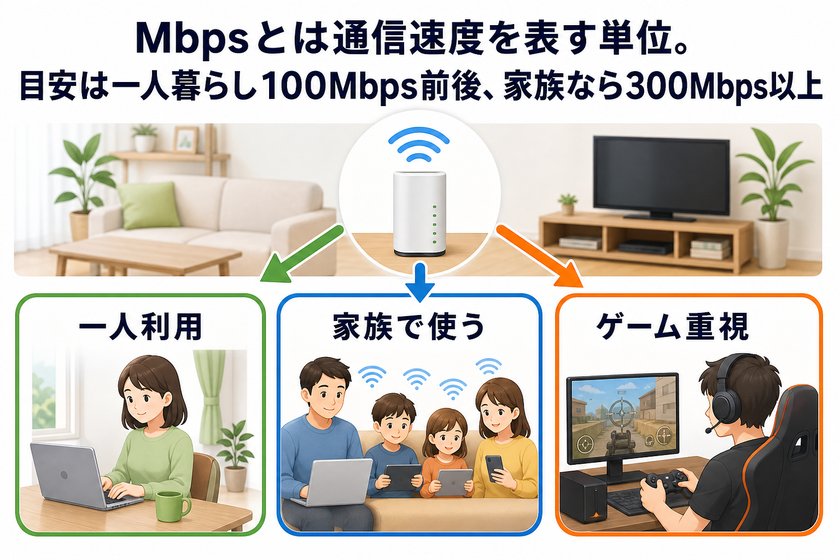 構成図・フロー図：Mbpsとは通信速度を表す単位。目安は一人暮らし100Mbps前後、家族なら300Mbps以上