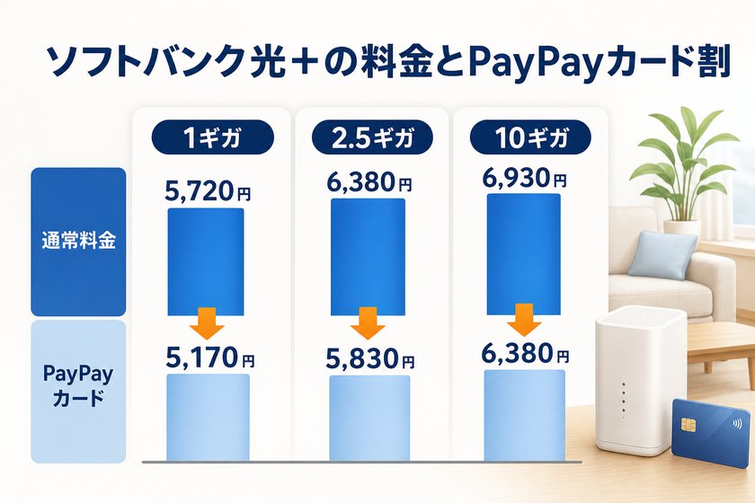 棒グラフ・差分強調表:ソフトバンク光+の料金とPayPayカード割