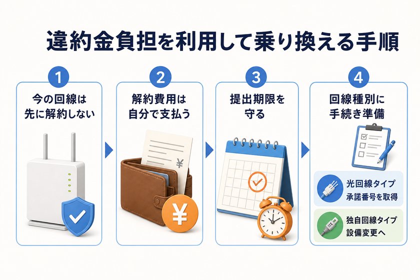 3〜4段階のステップ図：違約金負担を利用して乗り換える手順