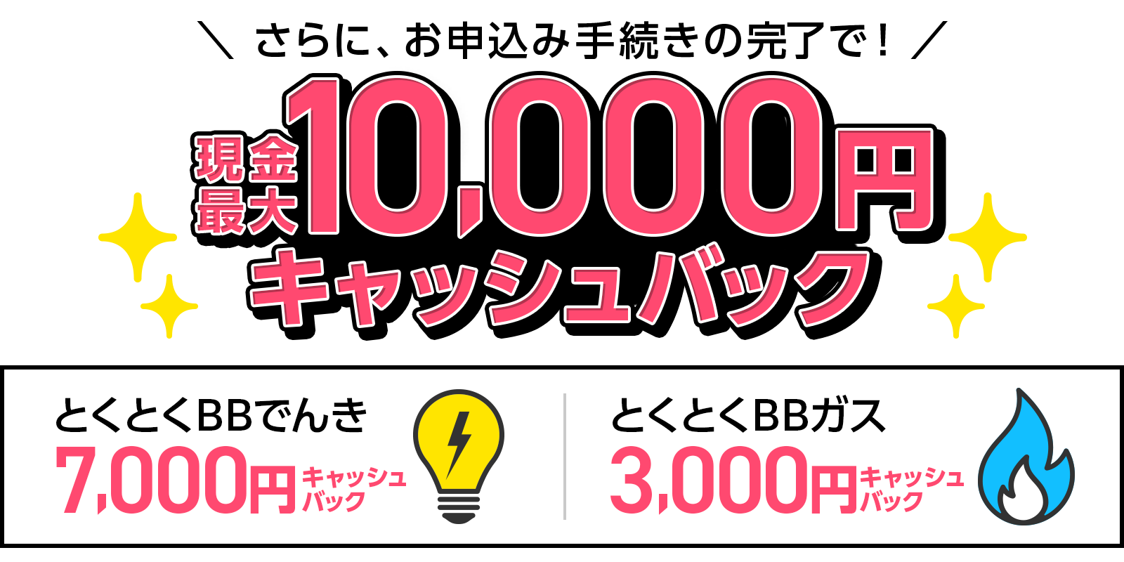 さらに、お申込み手続きの完了で現金最大10,000円キャッシュバック（とくとくBBでんき7,000円・とくとくBBガス3,000円）