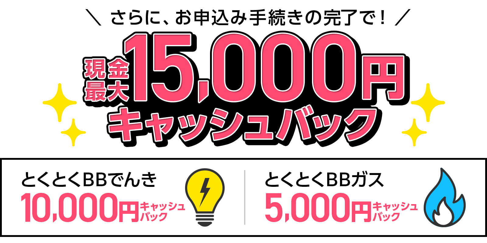 さらに、お申込み手続きの完了で現金最大15,000円キャッシュバック。とくとくBBでんき10,000円、とくとくBBガス5,000円キャッシュバック
