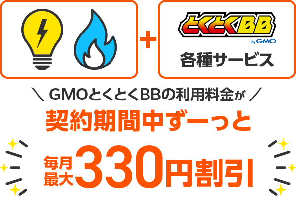 でんき・ガス・とくとくBB各種サービスのセットでGMOとくとくBBの利用料金が契約期間中ずーっと毎月最大300円割引