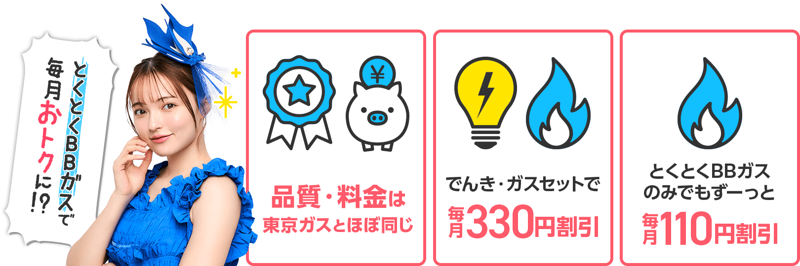 とくとくBBガスの3つのメリット：品質・料金はそのまま安心、でんき・ガスセットで月330円割引、とくとくBBガスのみでも月220円割引