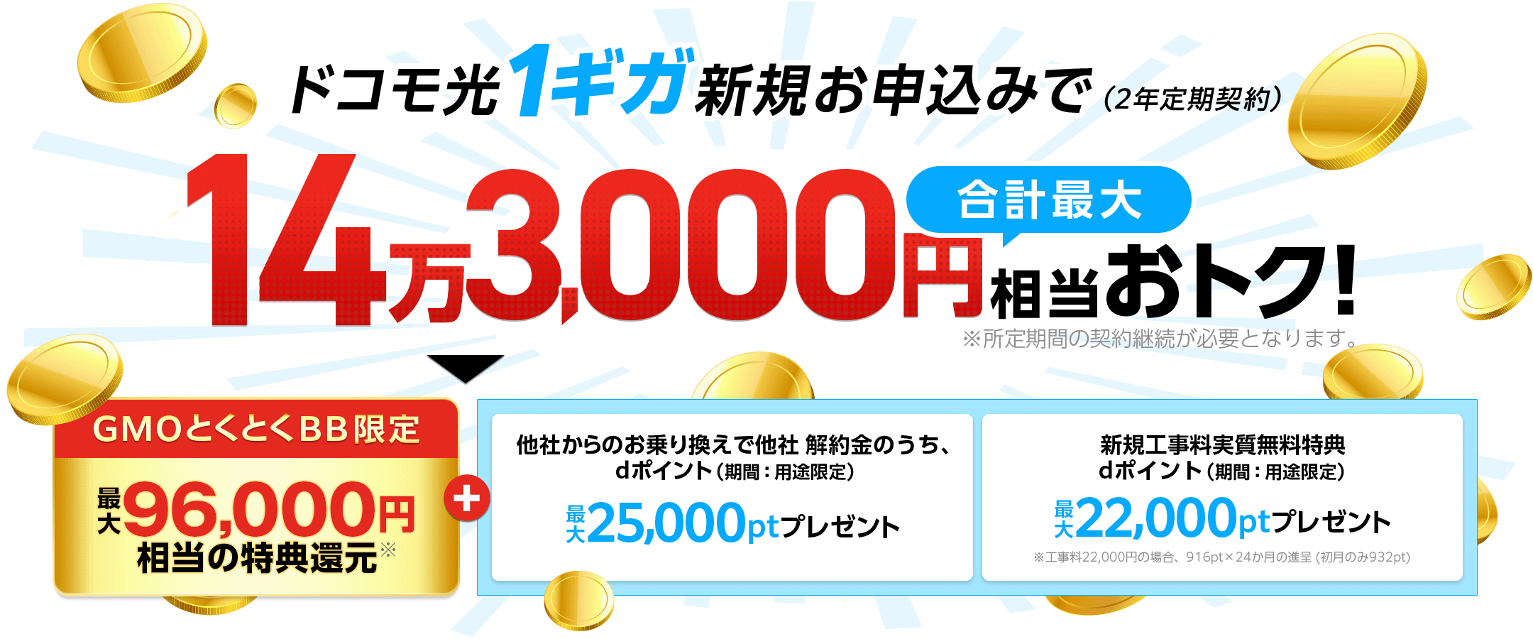 ドコモ光1ギガ新規お申込みでおトク！（2年定期契約）※所定期間の契約継続が必要となります。GMOとくとくBB限定特典還元＋他社からのお乗り換えで他社解約金のうち、dポイント（期間：用途限定）プレゼント　新規工事料実質無料特典dポイント（期間：用途限定）プレゼント