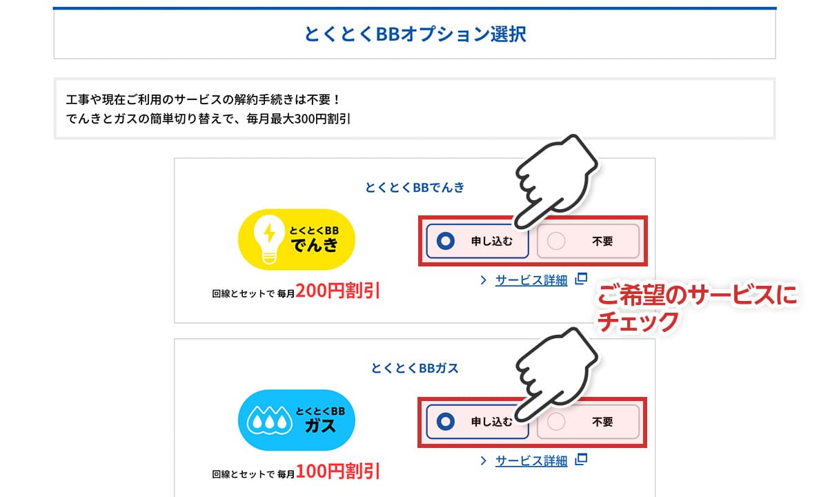 とくとくBB光新規入会フォーム内のオプション選択