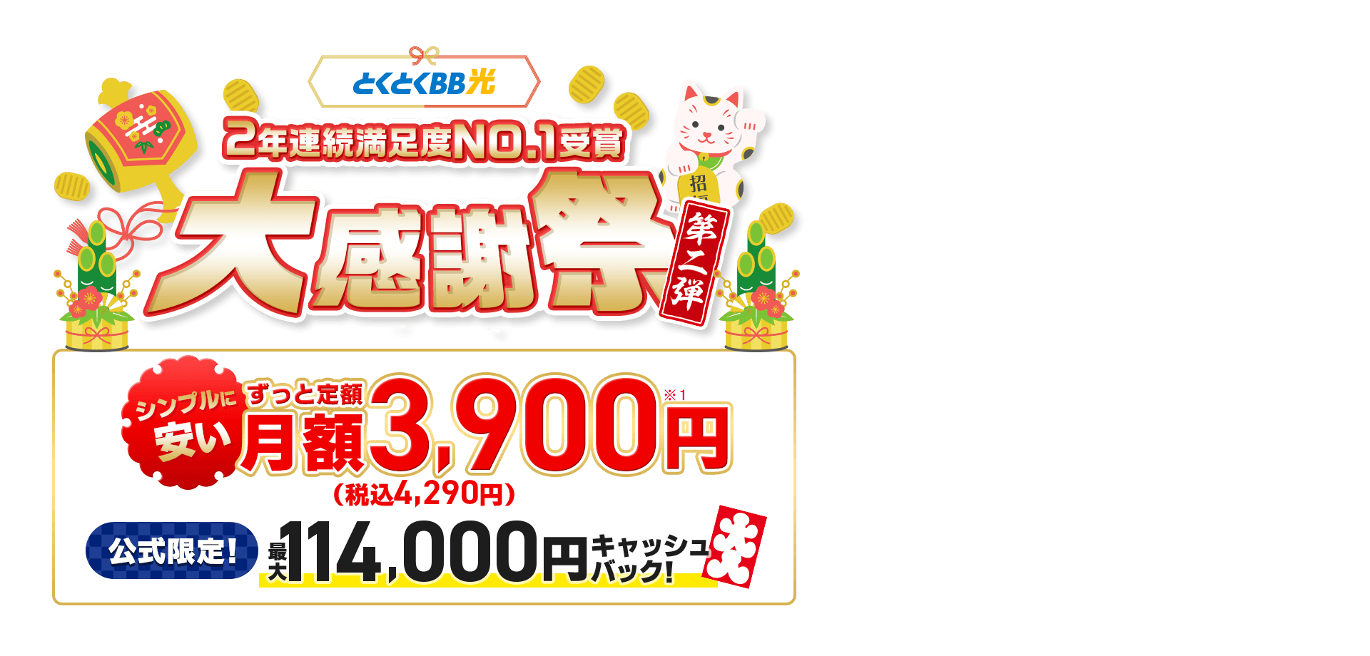 とくとくBB　2年連続満足度NO.1受賞　大感謝祭第二弾　シンプルに安い　ずっと定額公式限定！キャッシュバック！