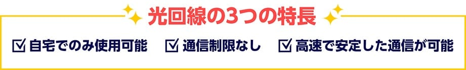 光回線の3つの特長 自宅でのみ使用可能 通信制限なし 高速で安定した通信が可能