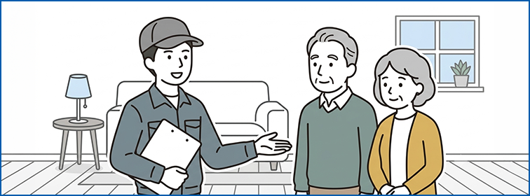 玄関先で作業員がお客さまにあいさつをしているイラスト