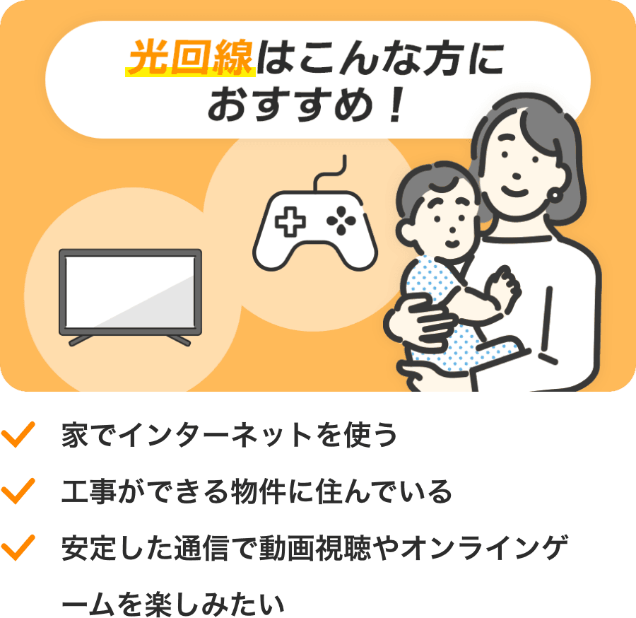 光回線はこんな方におすすめ！　家でインターネットを使う　工事ができる物件に住んでいる　安定した通信で動画視聴やオンラインゲームを楽しみたい