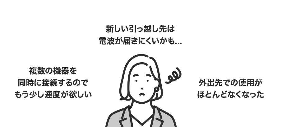 もう少し速度が欲しい / 引っ越し先は電波が届きにくいかも… / 外出先で使用しなくなった