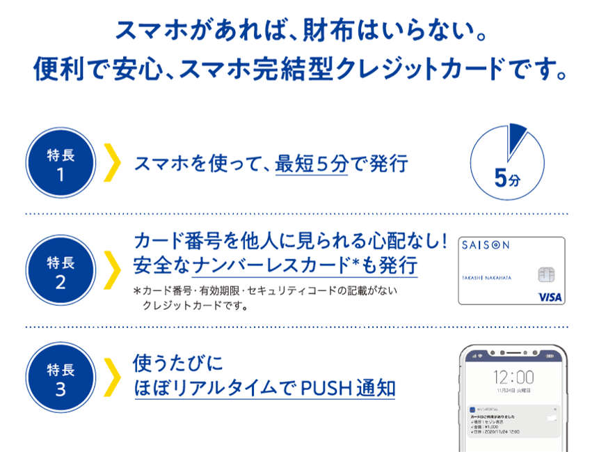 スマホがあれば、財布はいらない。便利で安心、スマホ完結型クレジットカードです。