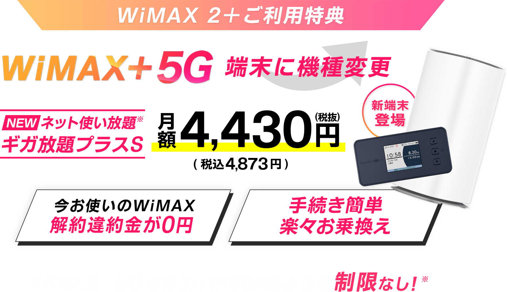 【WiMAX 2+ご利用特典】WiMAX +5G端末に機種変更｜ネット使い放題！※　ギガ放題プラスS｜今お使いのWiMAX解約違約金が0円｜手続き簡単楽々お乗換え｜WiMAX +5Gなら3日で10GBのような制限なし！※